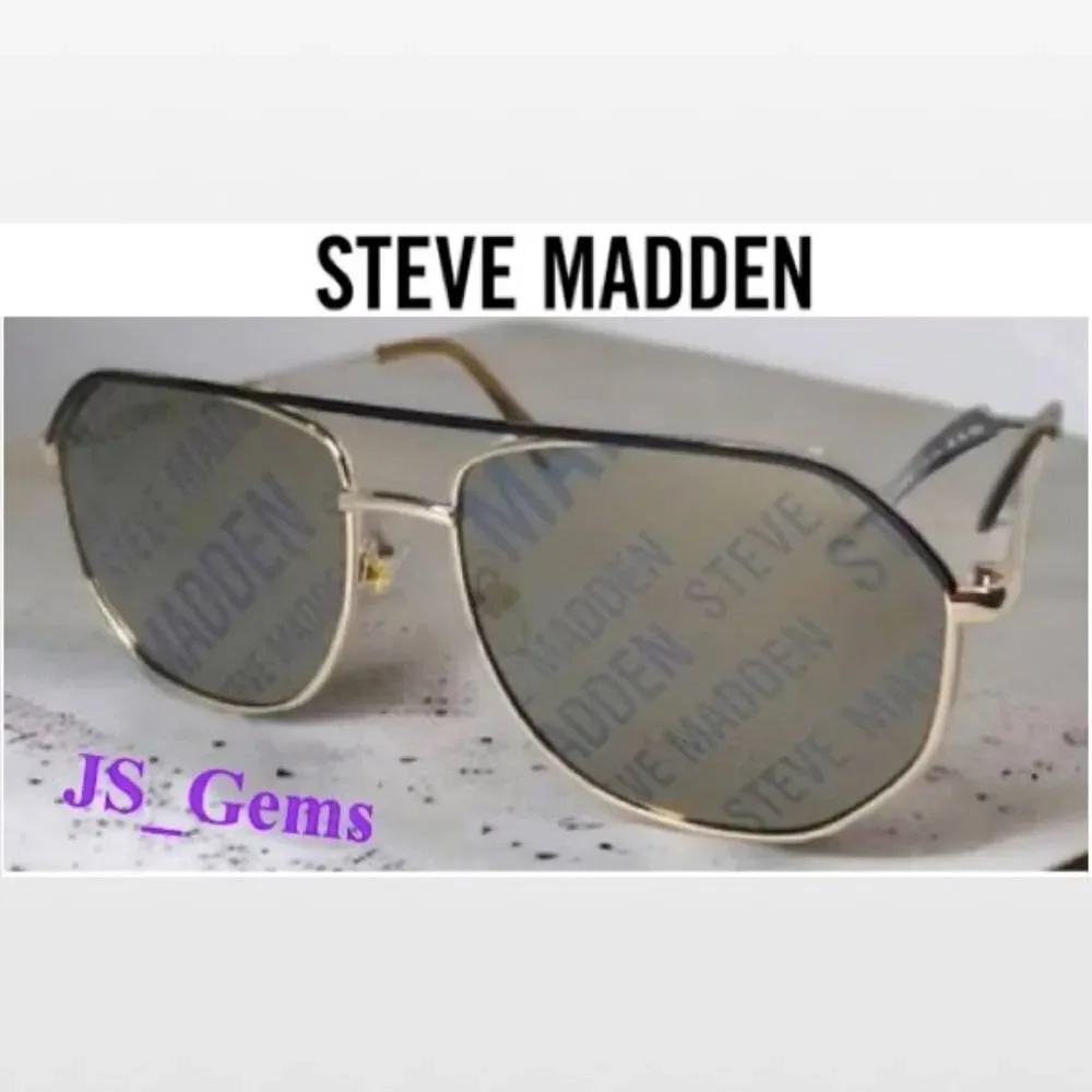 New Steve Madden Sunglasses Logo Printed Mirrored Aviators Black Gold NWT - Picture 1 of 16